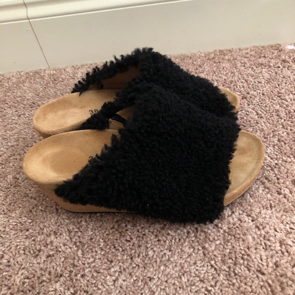 Birkenstock Papillio Namica Teddy Black Wedge Sandals Size 38 Shearling Limited - Picture 3 of 9